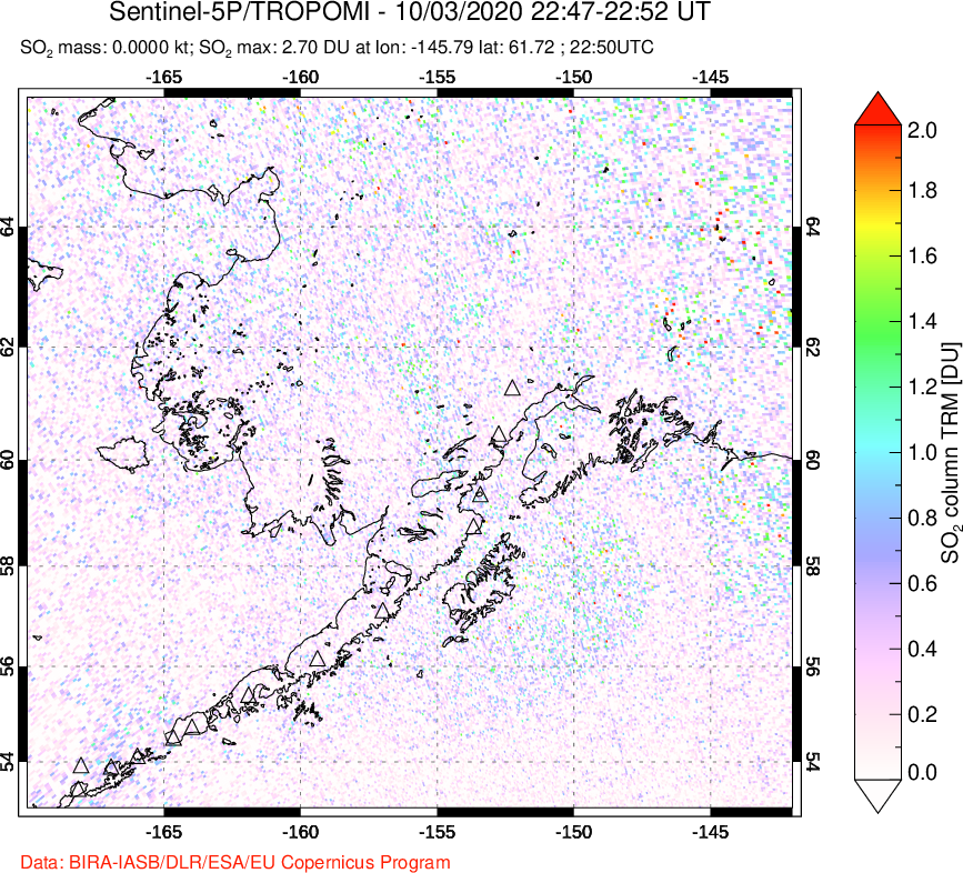 A sulfur dioxide image over Alaska, USA on Oct 03, 2020.