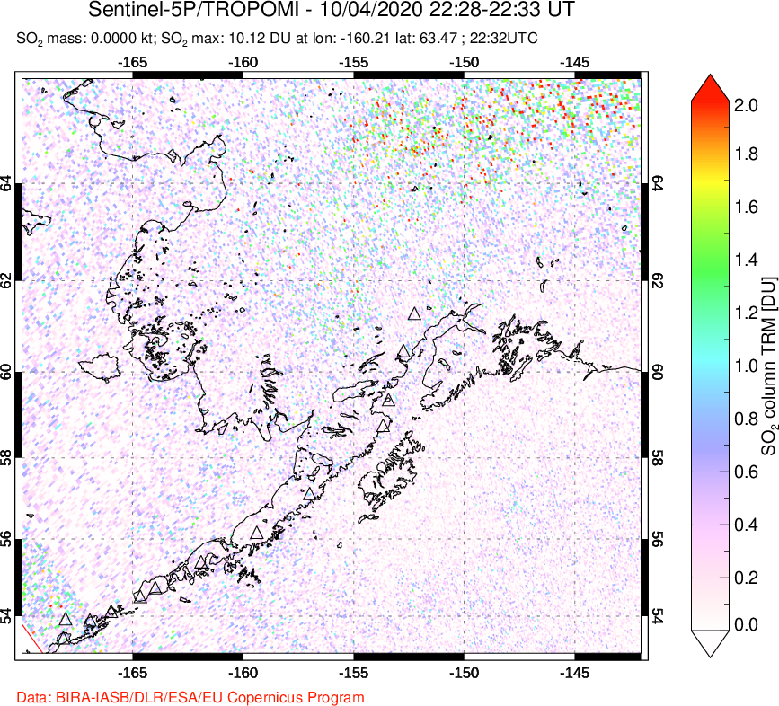 A sulfur dioxide image over Alaska, USA on Oct 04, 2020.