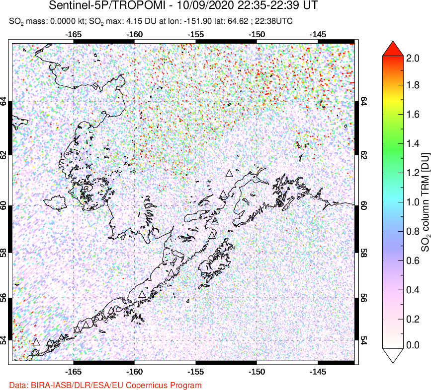 A sulfur dioxide image over Alaska, USA on Oct 09, 2020.