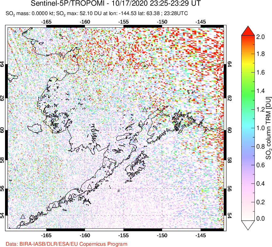 A sulfur dioxide image over Alaska, USA on Oct 17, 2020.