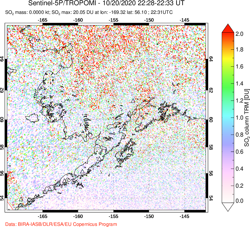 A sulfur dioxide image over Alaska, USA on Oct 20, 2020.