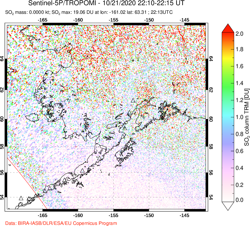 A sulfur dioxide image over Alaska, USA on Oct 21, 2020.