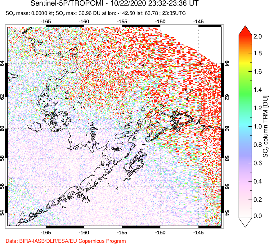 A sulfur dioxide image over Alaska, USA on Oct 22, 2020.