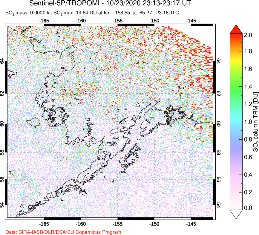 A sulfur dioxide image over Alaska, USA on Oct 23, 2020.