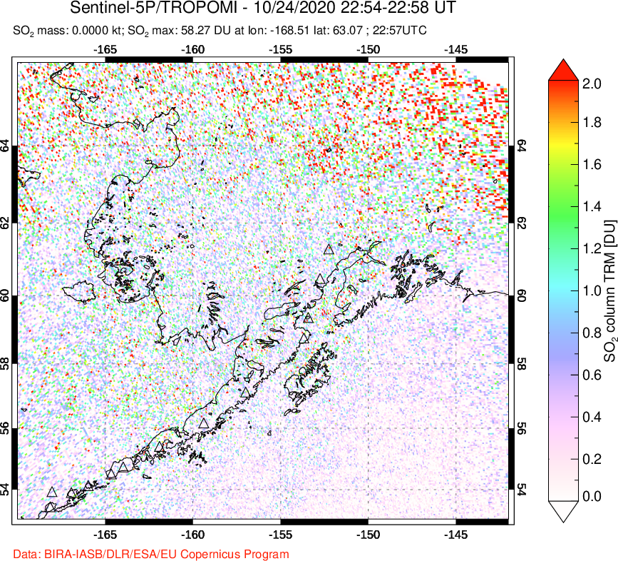 A sulfur dioxide image over Alaska, USA on Oct 24, 2020.