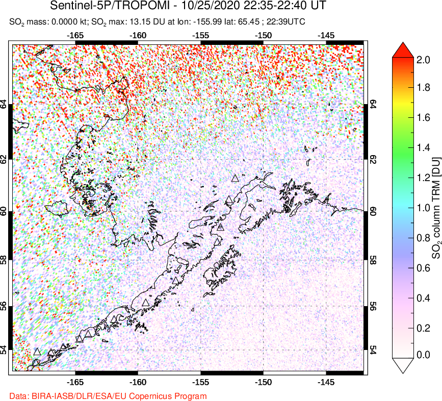 A sulfur dioxide image over Alaska, USA on Oct 25, 2020.