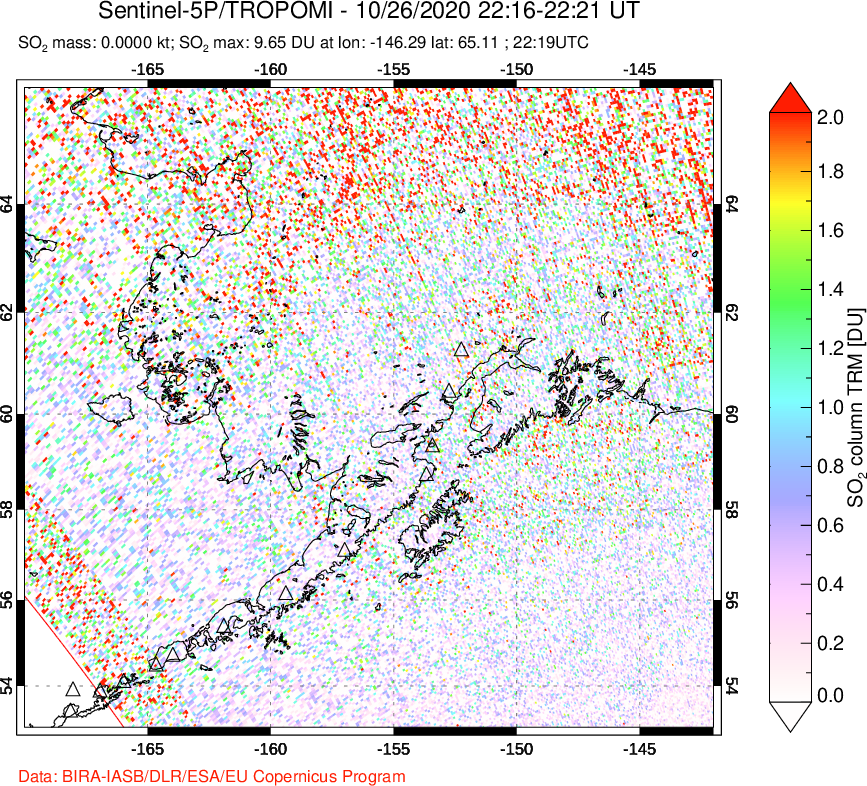 A sulfur dioxide image over Alaska, USA on Oct 26, 2020.