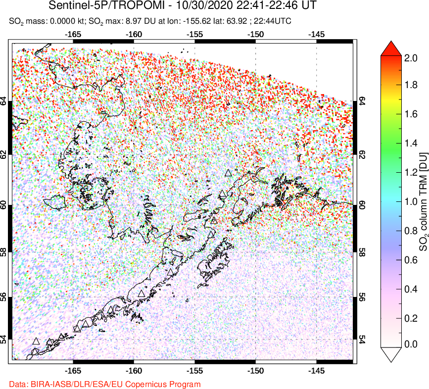 A sulfur dioxide image over Alaska, USA on Oct 30, 2020.