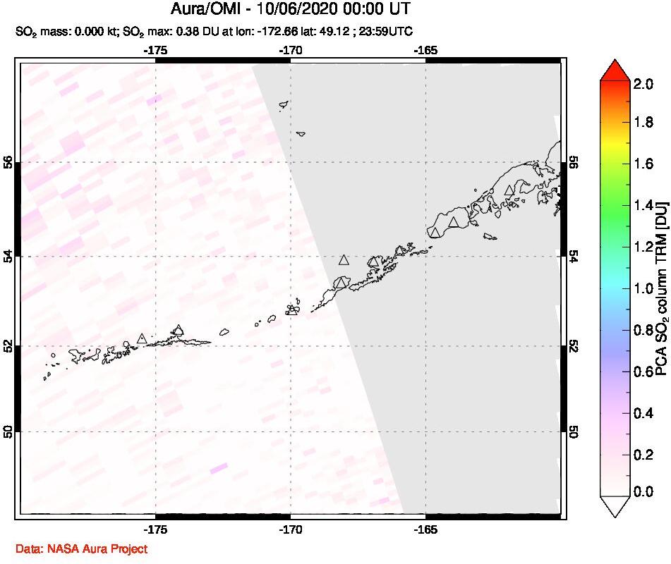 A sulfur dioxide image over Aleutian Islands, Alaska, USA on Oct 06, 2020.