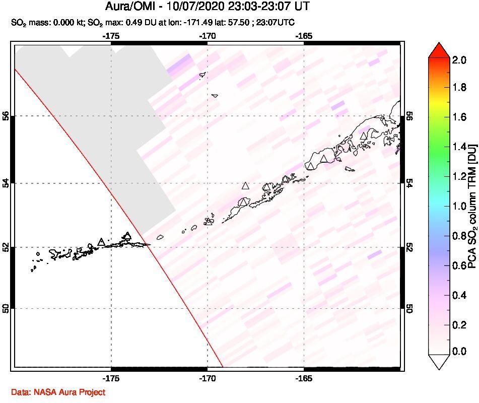A sulfur dioxide image over Aleutian Islands, Alaska, USA on Oct 07, 2020.