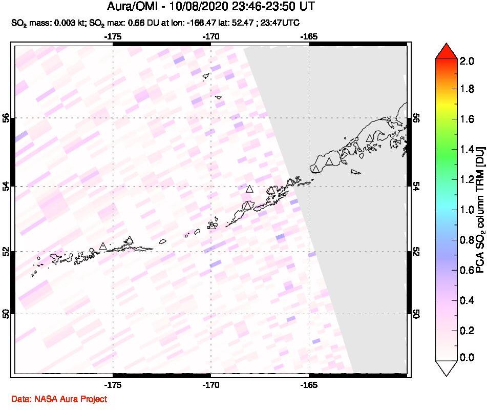A sulfur dioxide image over Aleutian Islands, Alaska, USA on Oct 08, 2020.