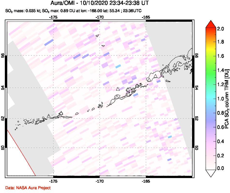 A sulfur dioxide image over Aleutian Islands, Alaska, USA on Oct 10, 2020.