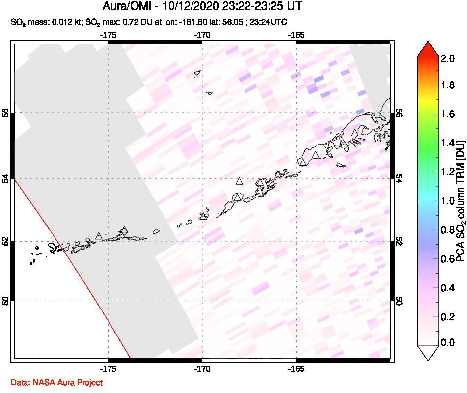 A sulfur dioxide image over Aleutian Islands, Alaska, USA on Oct 12, 2020.