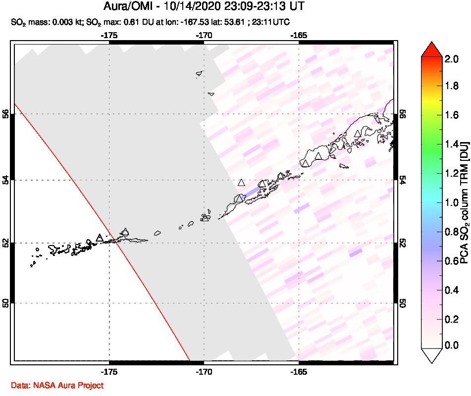 A sulfur dioxide image over Aleutian Islands, Alaska, USA on Oct 14, 2020.