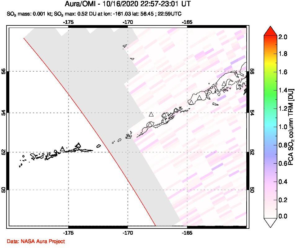 A sulfur dioxide image over Aleutian Islands, Alaska, USA on Oct 16, 2020.