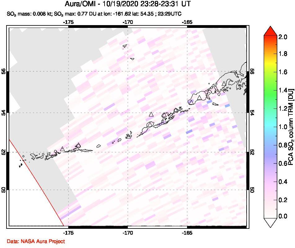 A sulfur dioxide image over Aleutian Islands, Alaska, USA on Oct 19, 2020.