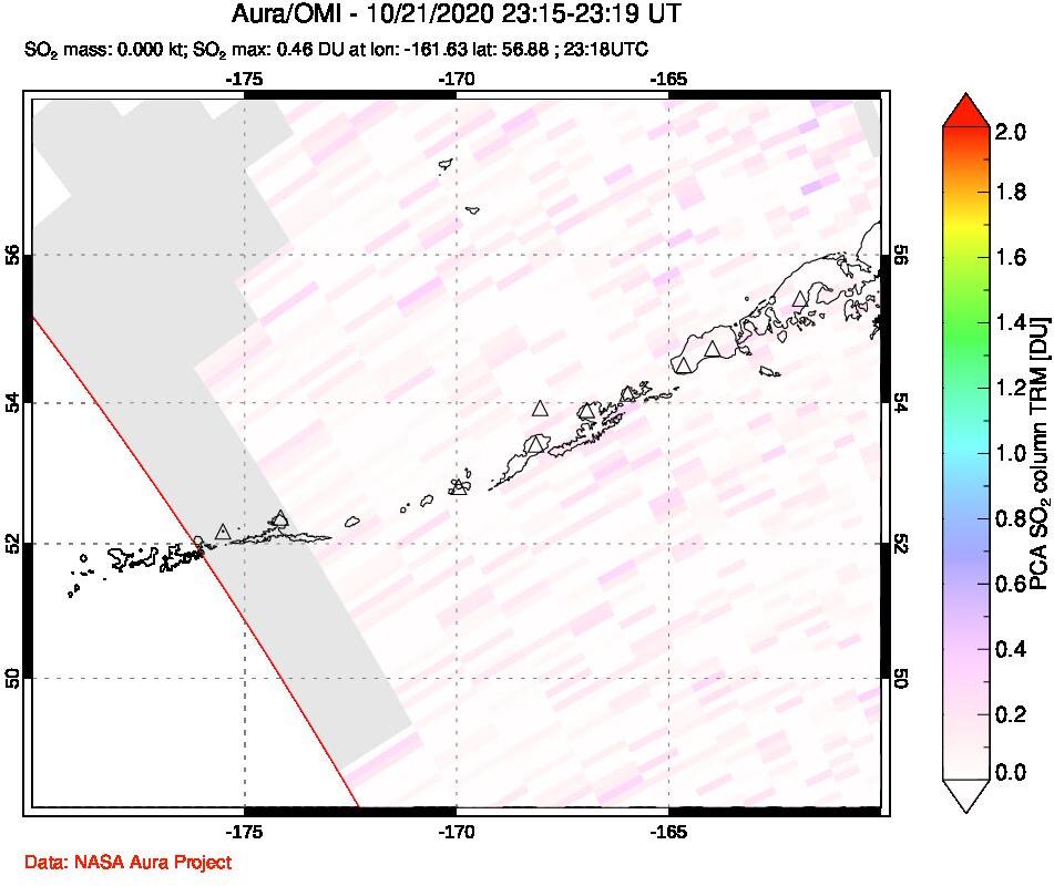 A sulfur dioxide image over Aleutian Islands, Alaska, USA on Oct 21, 2020.