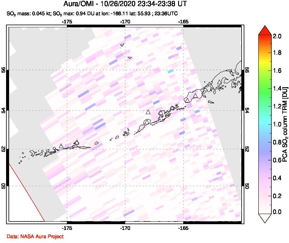 A sulfur dioxide image over Aleutian Islands, Alaska, USA on Oct 26, 2020.