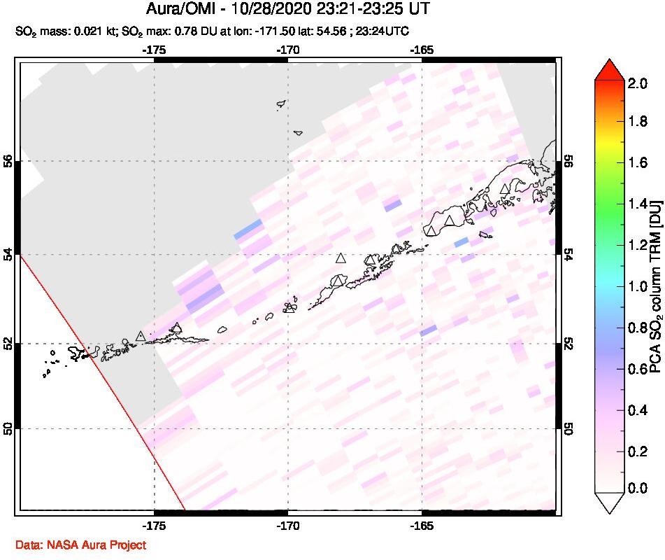 A sulfur dioxide image over Aleutian Islands, Alaska, USA on Oct 28, 2020.