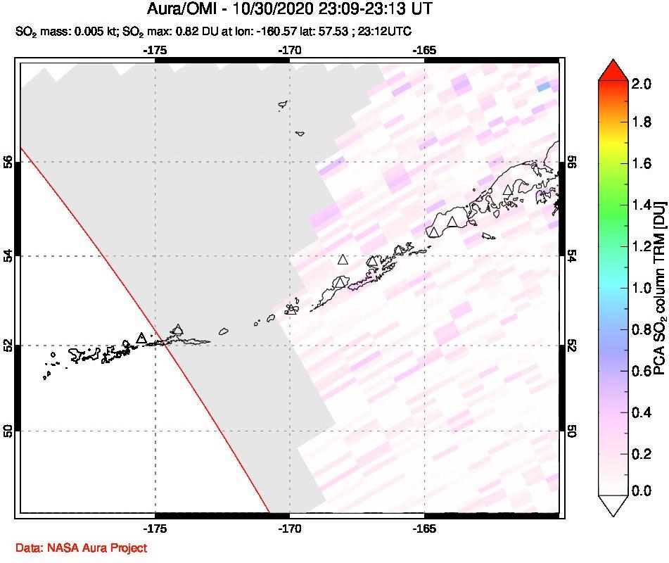 A sulfur dioxide image over Aleutian Islands, Alaska, USA on Oct 30, 2020.