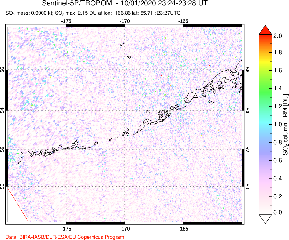 A sulfur dioxide image over Aleutian Islands, Alaska, USA on Oct 01, 2020.