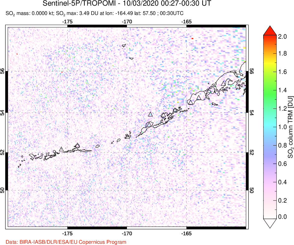 A sulfur dioxide image over Aleutian Islands, Alaska, USA on Oct 03, 2020.