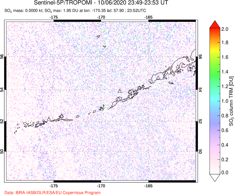 A sulfur dioxide image over Aleutian Islands, Alaska, USA on Oct 06, 2020.