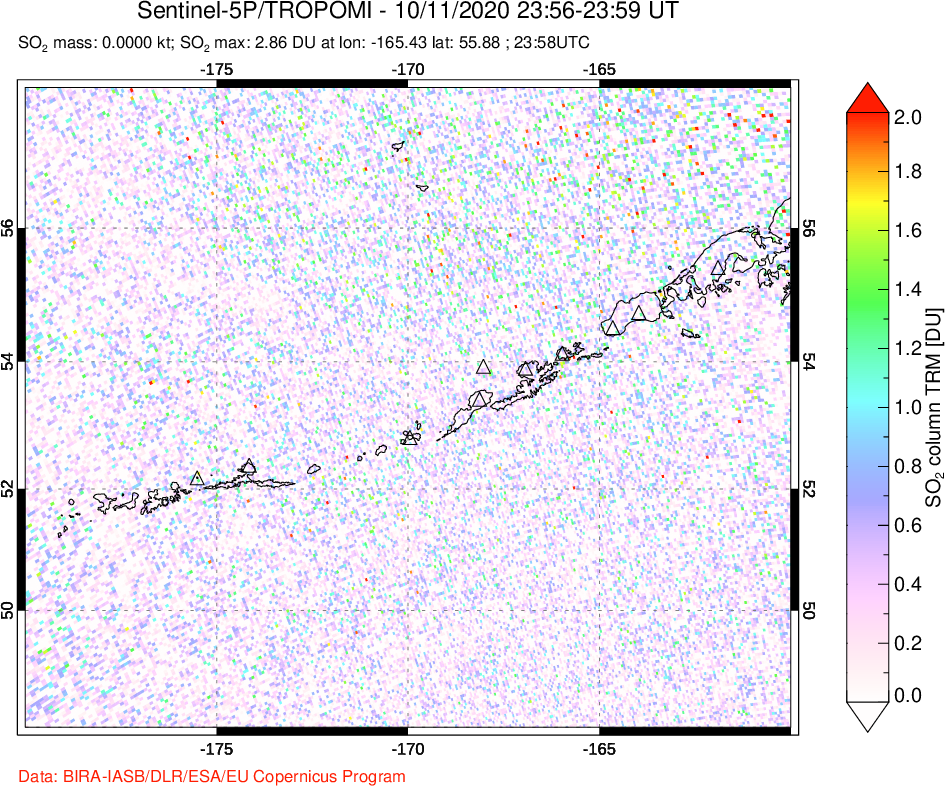 A sulfur dioxide image over Aleutian Islands, Alaska, USA on Oct 11, 2020.