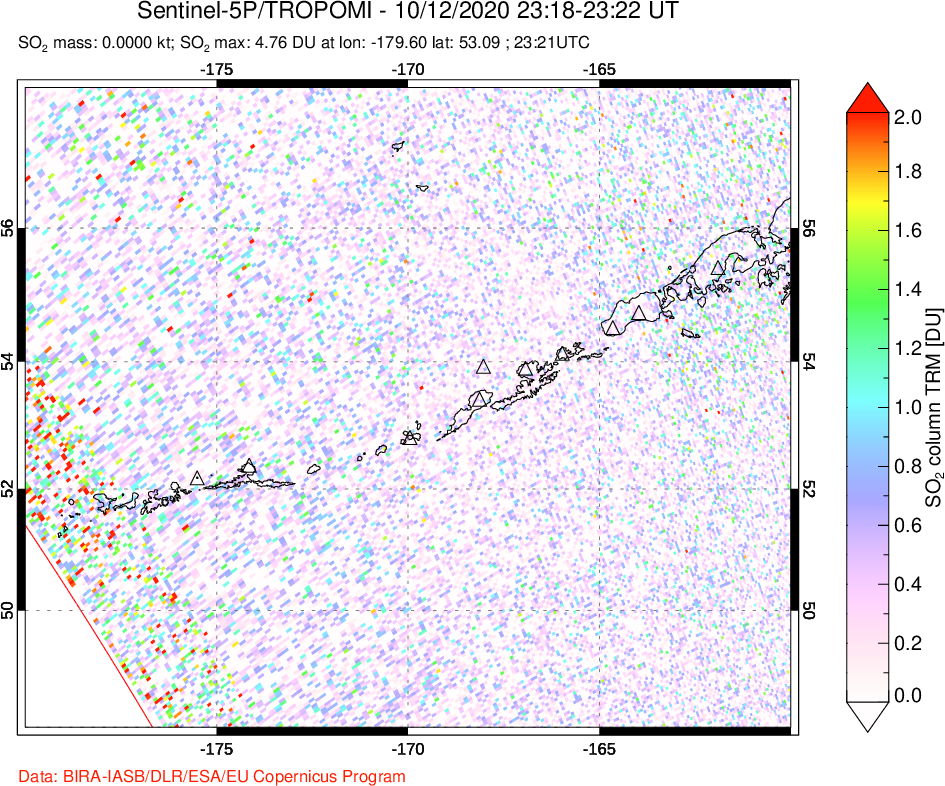 A sulfur dioxide image over Aleutian Islands, Alaska, USA on Oct 12, 2020.