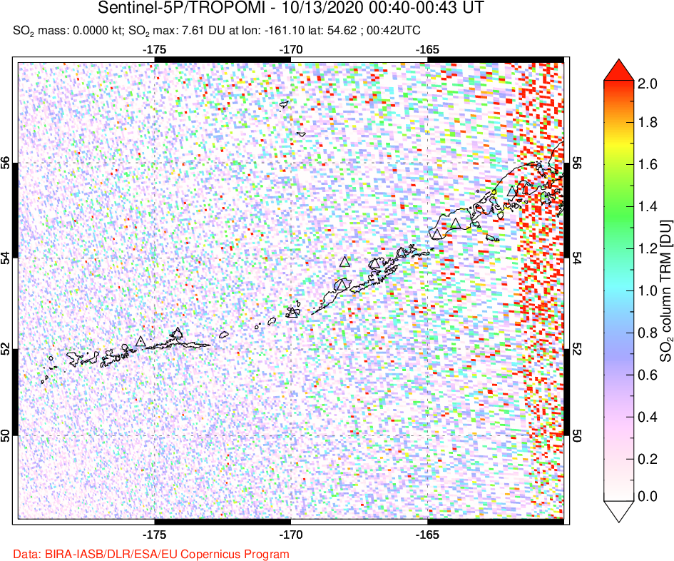 A sulfur dioxide image over Aleutian Islands, Alaska, USA on Oct 13, 2020.