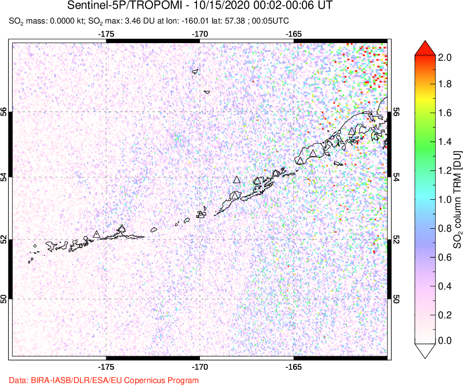 A sulfur dioxide image over Aleutian Islands, Alaska, USA on Oct 15, 2020.