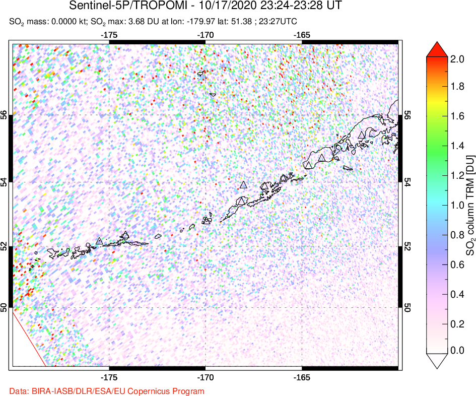 A sulfur dioxide image over Aleutian Islands, Alaska, USA on Oct 17, 2020.