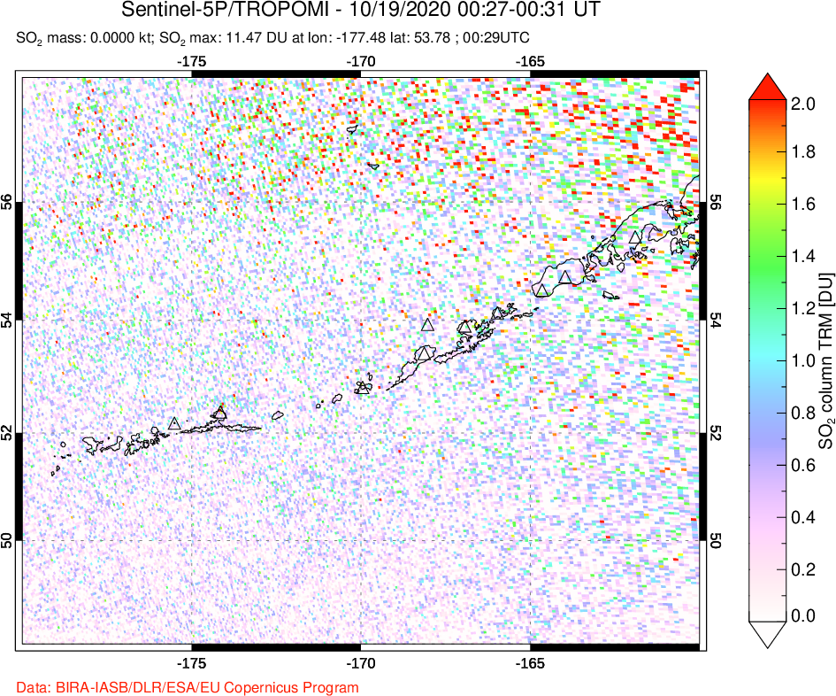 A sulfur dioxide image over Aleutian Islands, Alaska, USA on Oct 19, 2020.