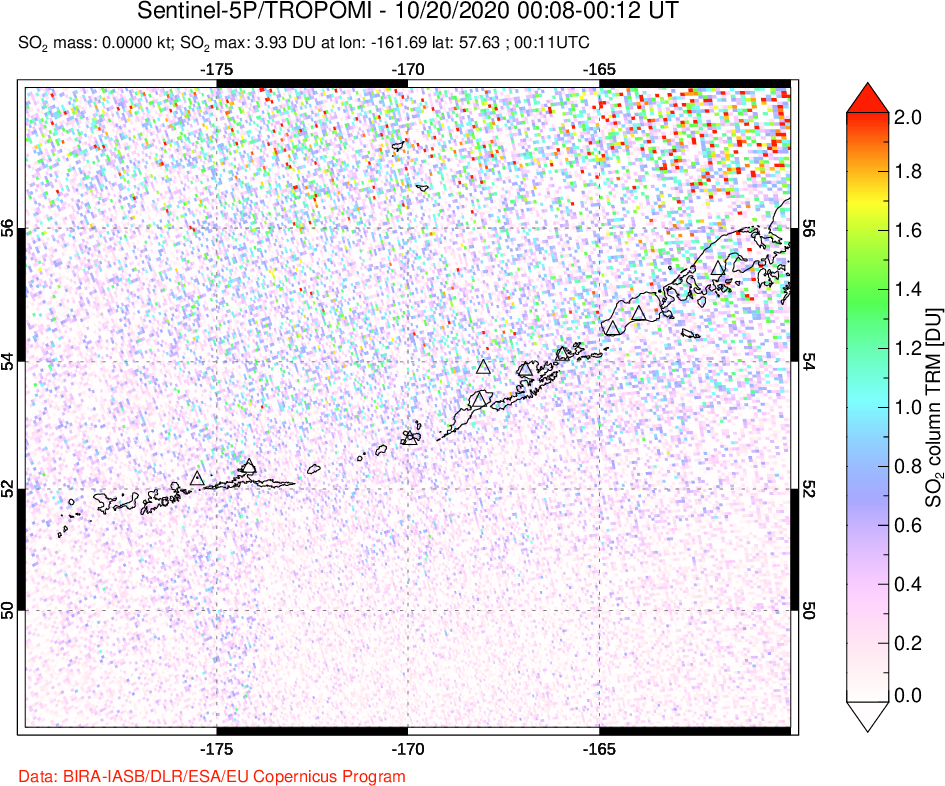 A sulfur dioxide image over Aleutian Islands, Alaska, USA on Oct 20, 2020.