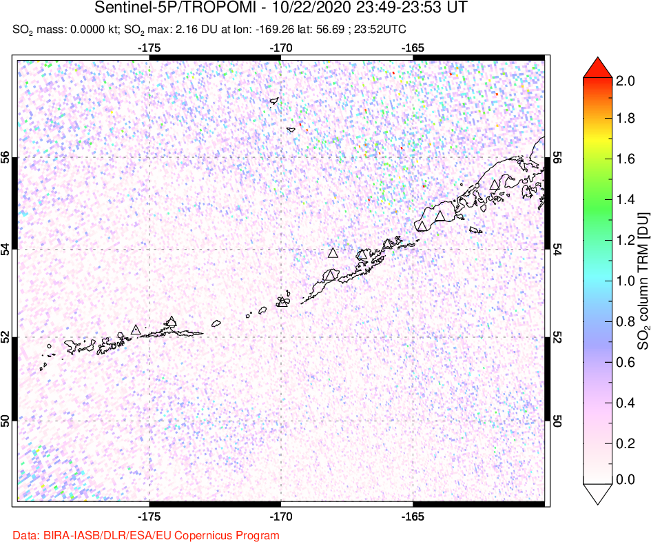 A sulfur dioxide image over Aleutian Islands, Alaska, USA on Oct 22, 2020.