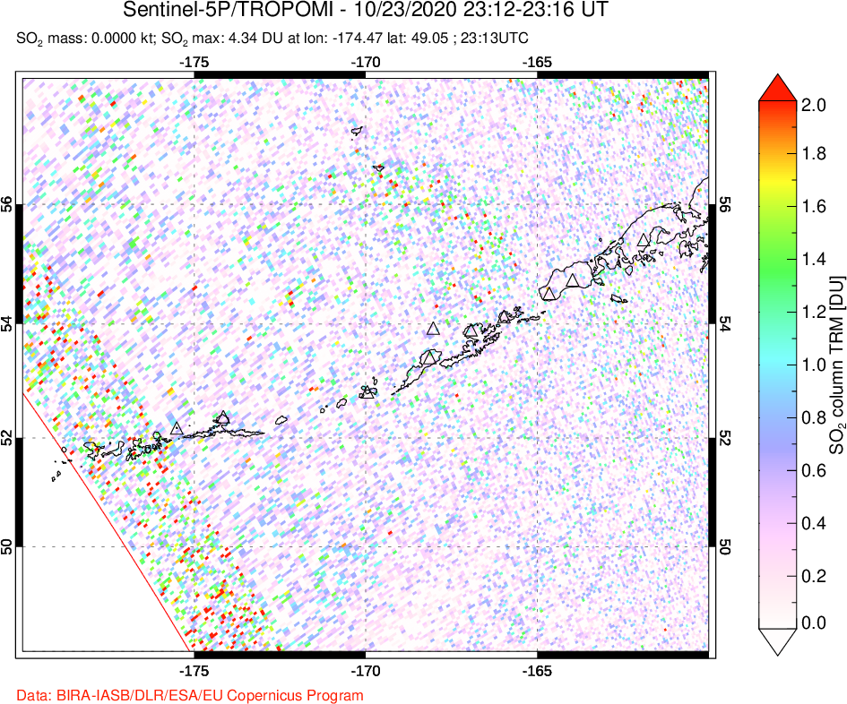 A sulfur dioxide image over Aleutian Islands, Alaska, USA on Oct 23, 2020.