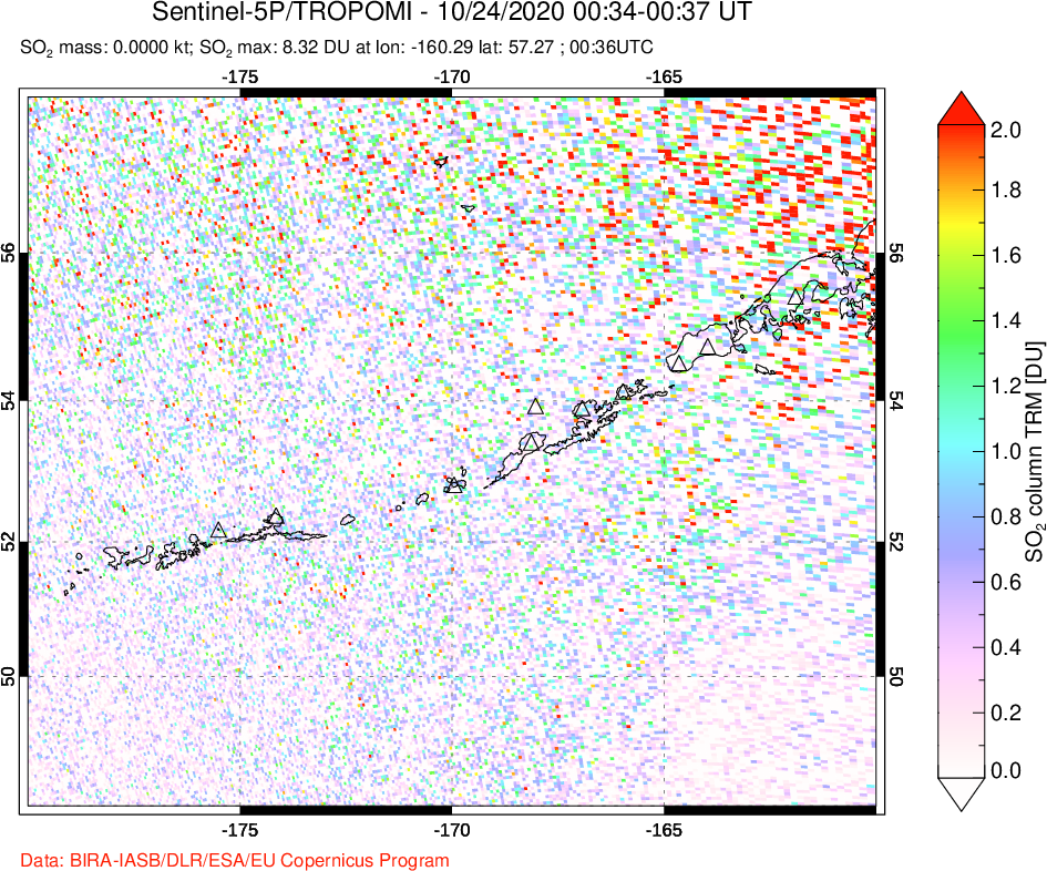 A sulfur dioxide image over Aleutian Islands, Alaska, USA on Oct 24, 2020.