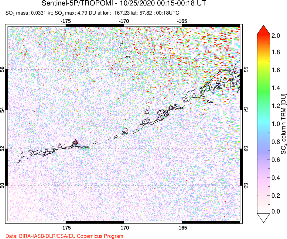 A sulfur dioxide image over Aleutian Islands, Alaska, USA on Oct 25, 2020.