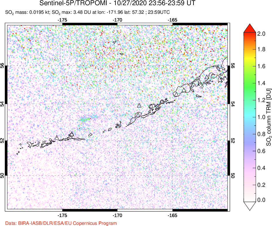 A sulfur dioxide image over Aleutian Islands, Alaska, USA on Oct 27, 2020.