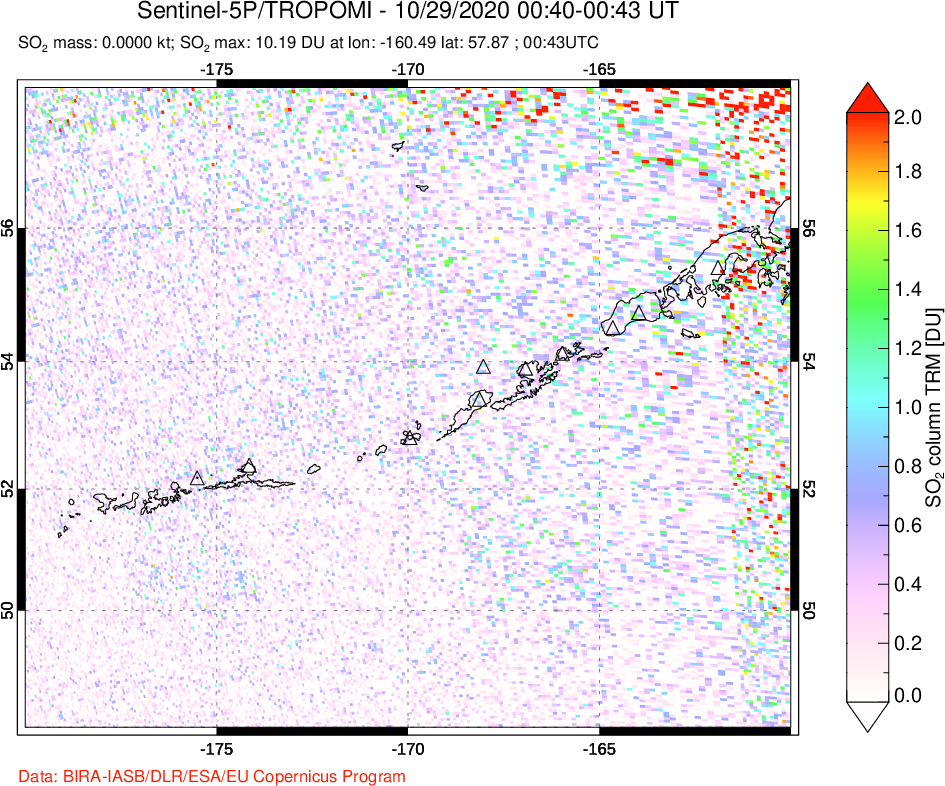 A sulfur dioxide image over Aleutian Islands, Alaska, USA on Oct 29, 2020.