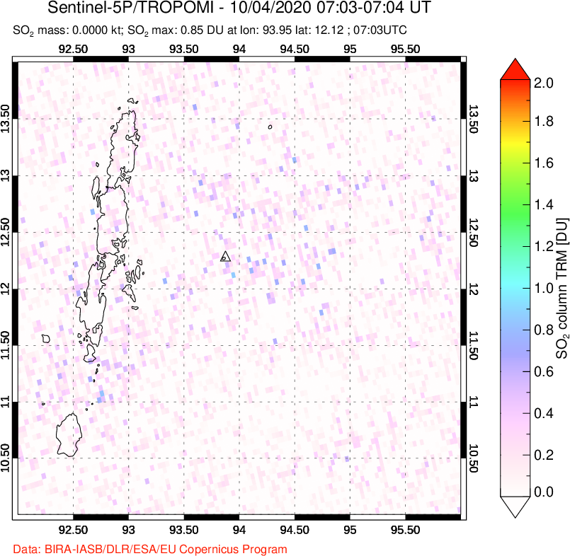 A sulfur dioxide image over Andaman Islands, Indian Ocean on Oct 04, 2020.