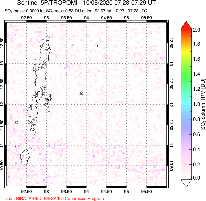 A sulfur dioxide image over Andaman Islands, Indian Ocean on Oct 08, 2020.