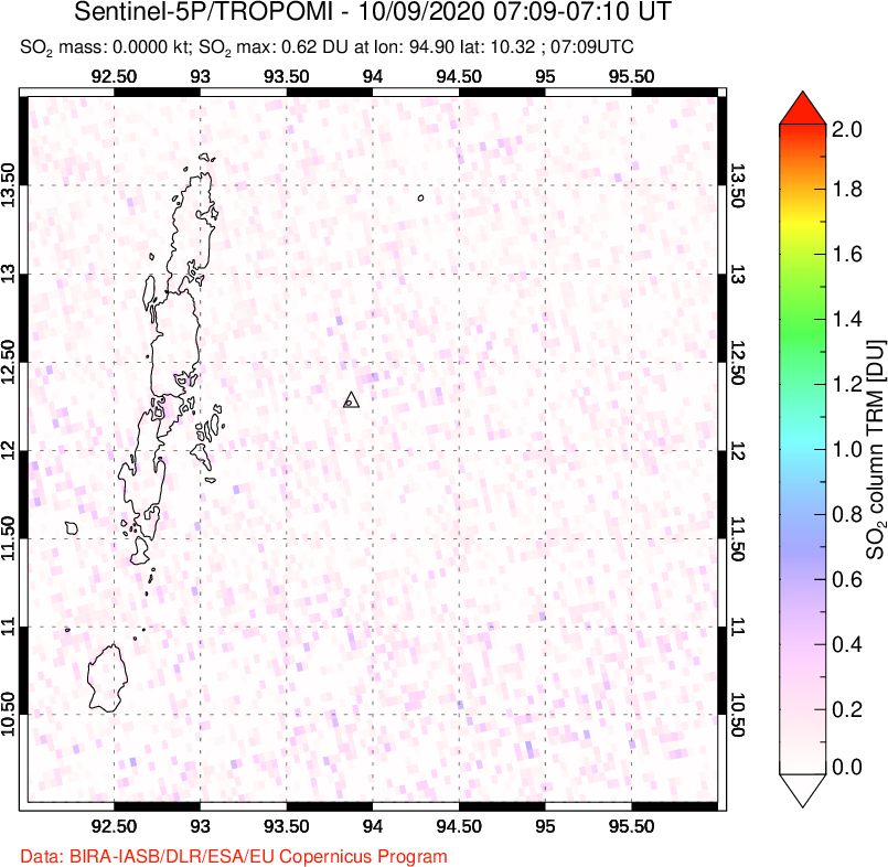 A sulfur dioxide image over Andaman Islands, Indian Ocean on Oct 09, 2020.