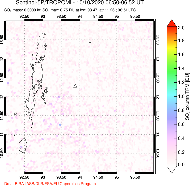 A sulfur dioxide image over Andaman Islands, Indian Ocean on Oct 10, 2020.