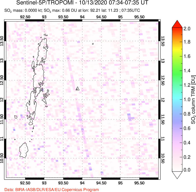 A sulfur dioxide image over Andaman Islands, Indian Ocean on Oct 13, 2020.