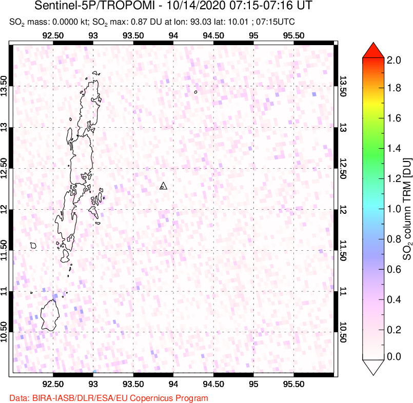 A sulfur dioxide image over Andaman Islands, Indian Ocean on Oct 14, 2020.