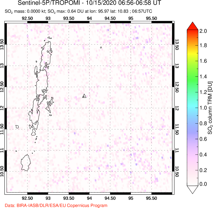 A sulfur dioxide image over Andaman Islands, Indian Ocean on Oct 15, 2020.