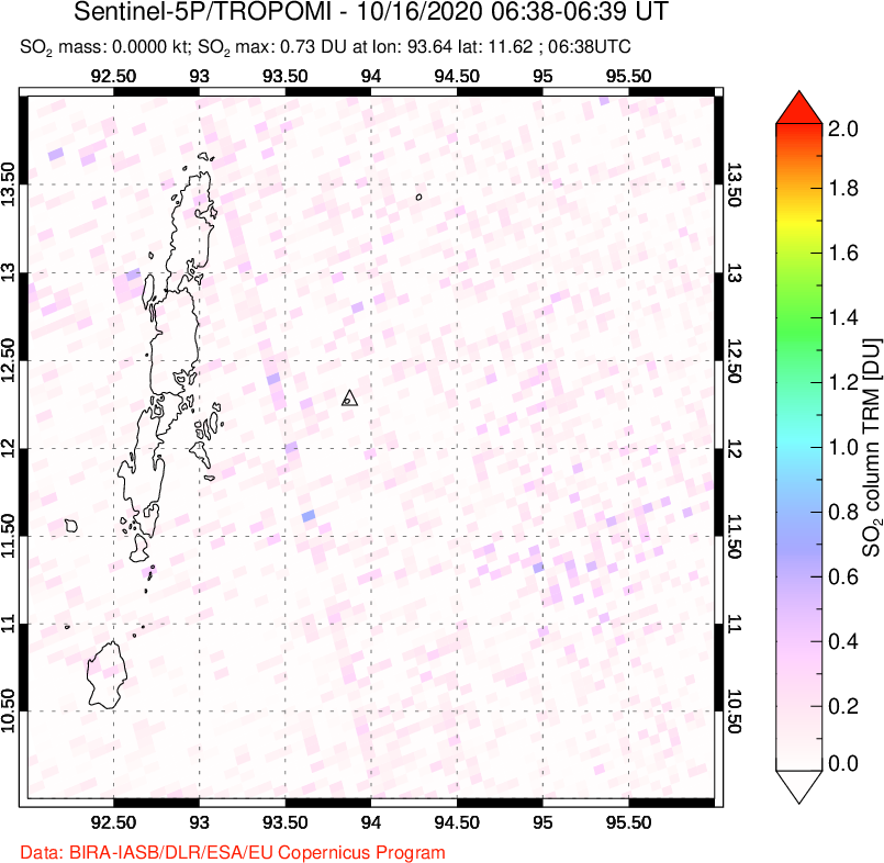 A sulfur dioxide image over Andaman Islands, Indian Ocean on Oct 16, 2020.