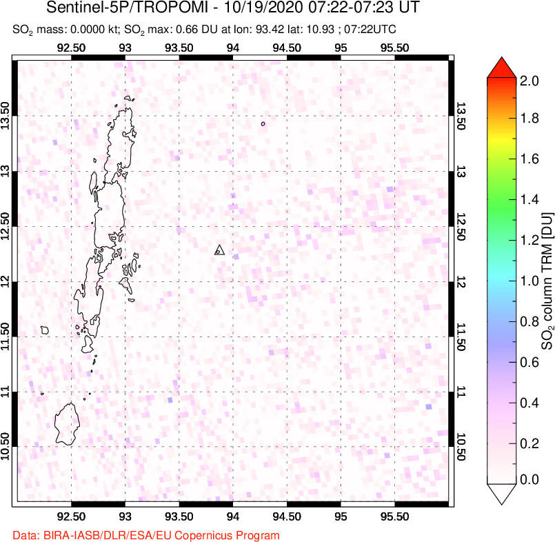 A sulfur dioxide image over Andaman Islands, Indian Ocean on Oct 19, 2020.
