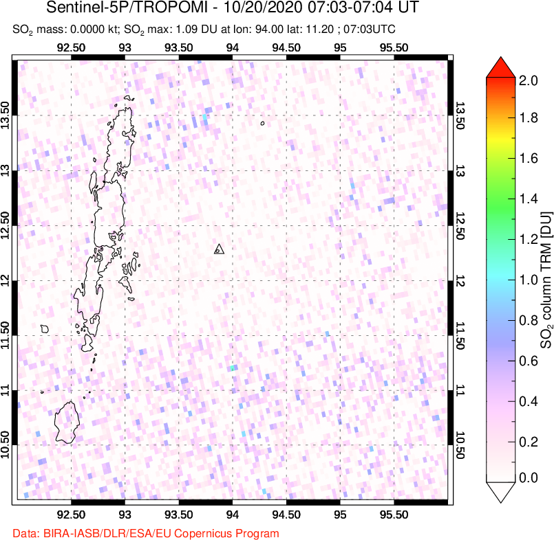 A sulfur dioxide image over Andaman Islands, Indian Ocean on Oct 20, 2020.